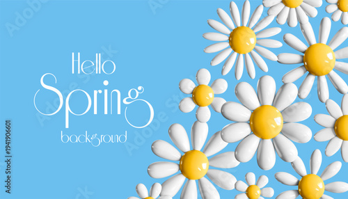 3d spring flower white daisy on blue background vector banner