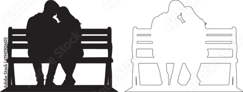 Couple sitting on a bench in silhouette with outline variation