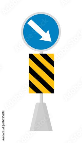Vector illustration of a blue circular road sign with white directional arrow indicating traffic direction around an obstacle.