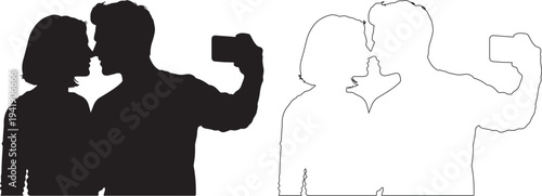 Couple in love silhouette with one person flexing muscle
