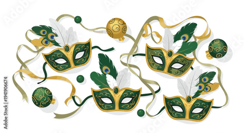 Four green and gold Mardi Gras masks, each adorned with white and peacock feathers, are horizontally arranged with golden ribbons and decorative ornaments.