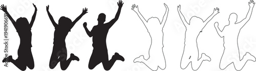 Silhouettes of people jumping in various styles and colors