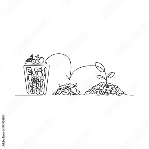 Continuous line drawing of composting process with fruits and sprouting plant