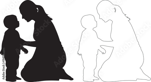 Mother and child silhouettes in black and white outline