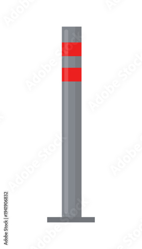 Vector illustration of a gray roadside bollard with red reflective bands used to guide traffic and mark road boundaries.