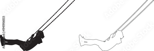 Black and white illustration of two people swinging on ropes side by side