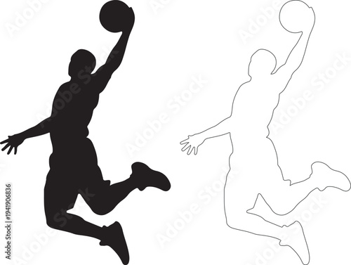 Silhouette of a basketball player jumping to dunk a ball