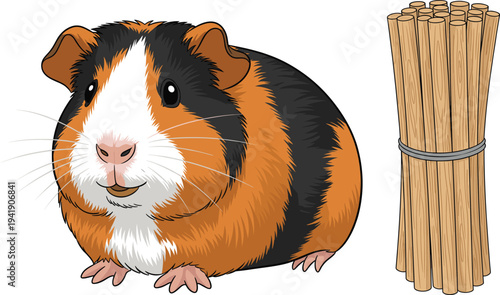 Flat Vector Illustration of Cute Guinea Pig and Bundle of Wooden Sticks Isolated on White Background