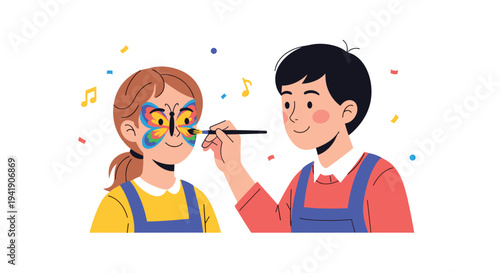 A boy in a red shirt and blue overalls is meticulously face painting a vibrant butterfly design onto a smiling girl's cheek with confetti around them.