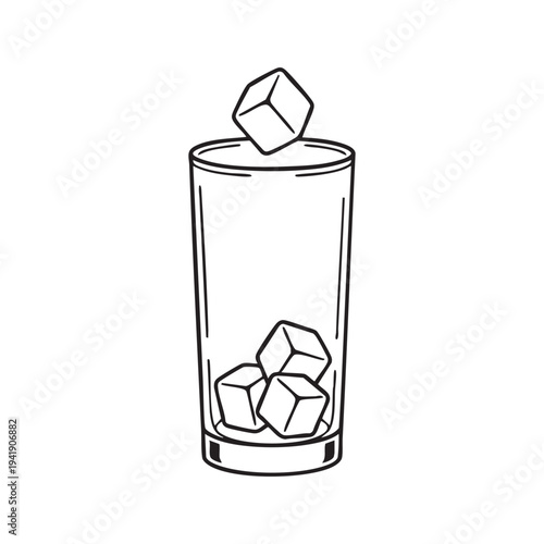 Refreshing Drink Illustration Simple Line Art Cubes Pouring Into Tall Glass Minimalist Style Beverage Concept Graphic Design Element Cool Refreshment Visual