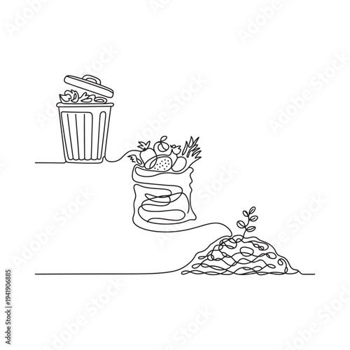 Line drawing depicting overflowing trash can and scattered waste