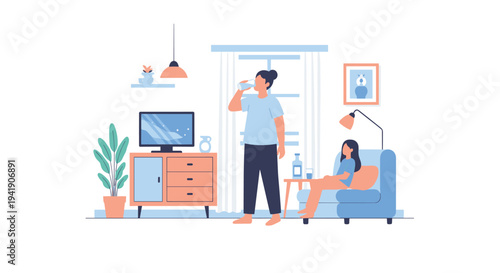 Two women are relaxing in a brightly lit living room, with one standing drinking water and the other sitting on a light blue armchair.