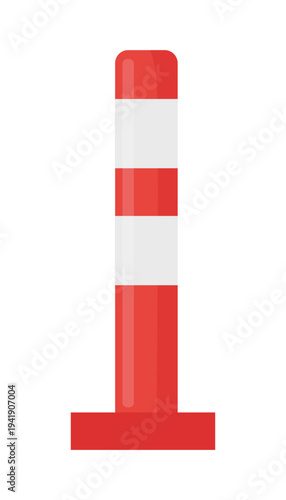 Flat vector illustration of a red traffic safety post with reflective white bands used for temporary road marking and traffic control.