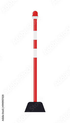 Vector illustration of a red traffic warning post with reflective stripes mounted on a base for road safety and temporary traffic control.