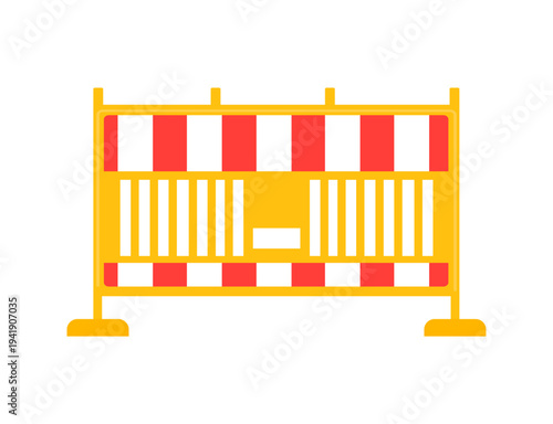 Flat vector illustration of a yellow road construction barrier with red white warning stripes used for traffic safety and restricted zones.