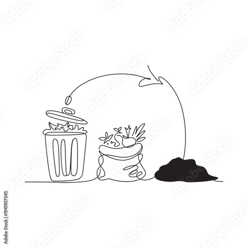 Recycling process depicted with compost bin bag and organic waste