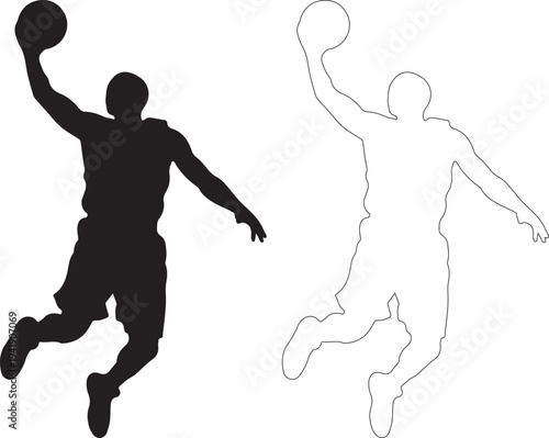 Vector illustration of basketball player in silhouette and outline jumping to dunk ball