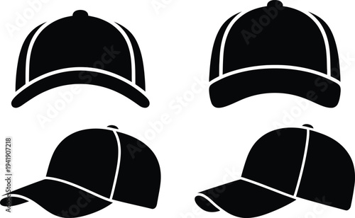 Four distinct baseball caps showcasing various designs and styles in black and white