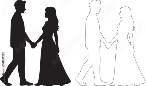 Silhouette of a couple holding hands in love