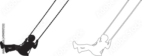 Black and white silhouette of a child swinging on a swing set