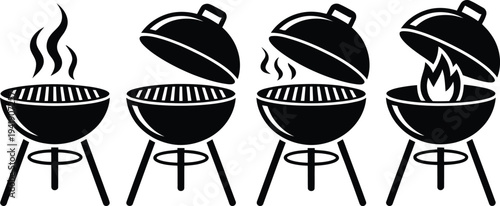 Four barbecue grills with different cooking methods illustrated in black and white
