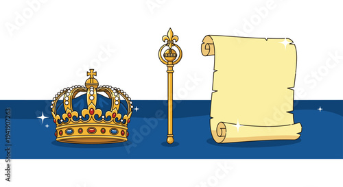 A majestic gold and blue crown, a tall golden scepter with a fleur-de-lis, and a sparkling unrolled blank scroll are neatly arranged on a blue surface.
