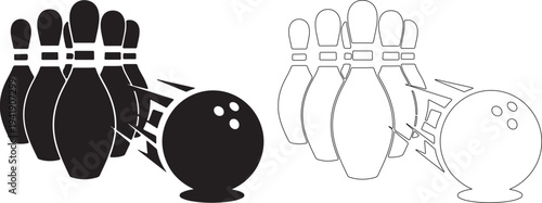 Black and white bowling pins and balls in two styles