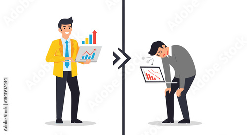 Vector illustration of two businessmen with laptops and graphs