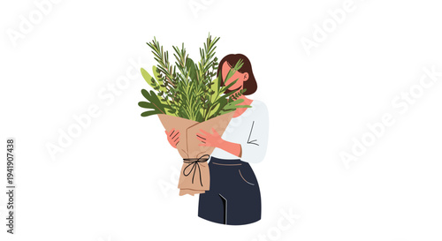 A woman with short brown hair holds a large, fragrant bouquet of fresh green herbs wrapped in brown paper, partially obscuring her face.