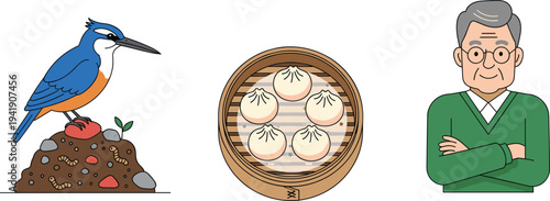 Flat Vector Illustration Set Featuring Blue Bird on Soil, Bamboo Steamer Dumplings, and Senior Man Character Isolated on White Background