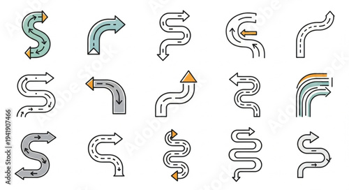 Collection of Winding Road Icons with Arrows and Directional Cues.