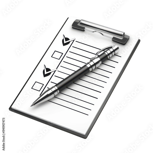Black pen on checklist clipboard isolated on a transparent background