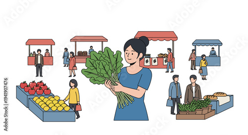 A smiling woman in a blue dress holds a large bunch of fresh green vegetables at a bustling outdoor market filled with various vendor stalls and shoppers.