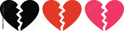Three broken hearts in different colors on a white background