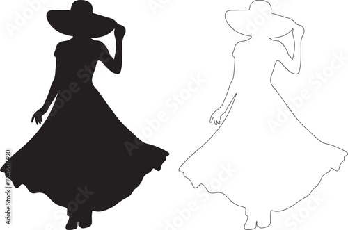 Vector illustration of a woman in a dress and hat in black and white