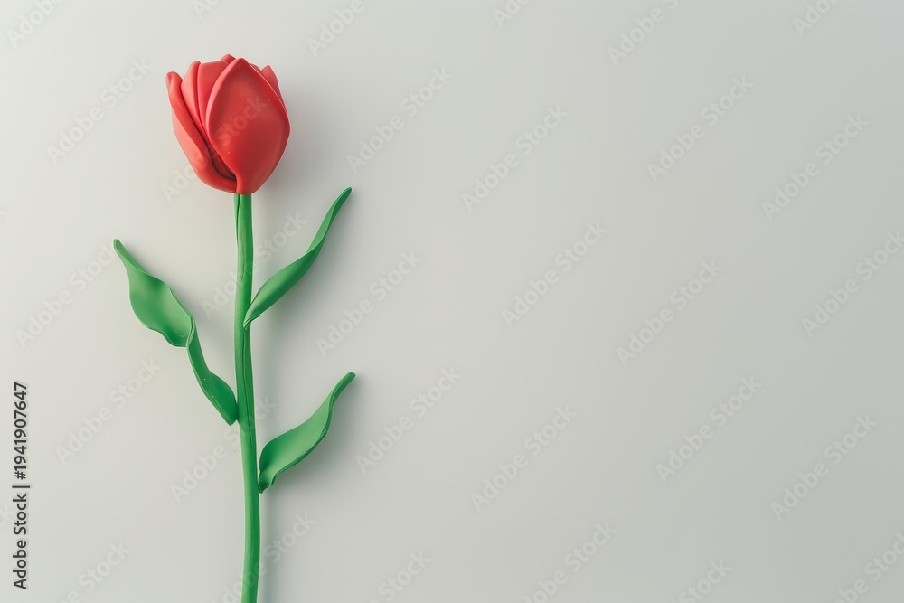 Fototapeta premium Cute clay red tulip with green leaves plasticine flower isolated on white background simple design