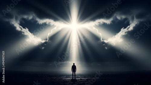 Man Standing Alone in Dramatic Landscape with Divine Light Rays Breaking Through Dark Clouds
