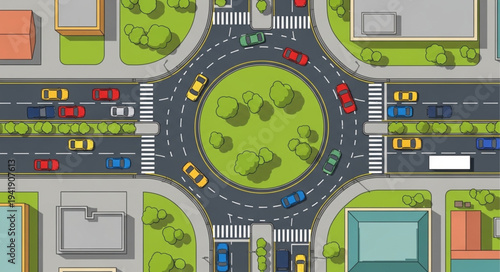 Aerial View of a Roundabout with Cars and Buildings.