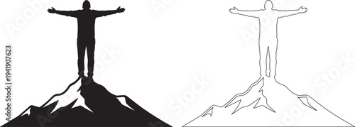 Man standing on mountain peak with arms outstretched in black silhouette