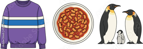 Flat Vector Illustration Set Featuring Purple Sweater, Bowl of Baked Beans and Penguin Family Isolated on White Background