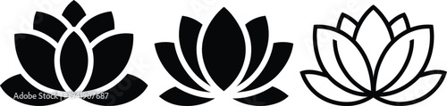 Three distinct black and white lotus flower designs arranged in a row