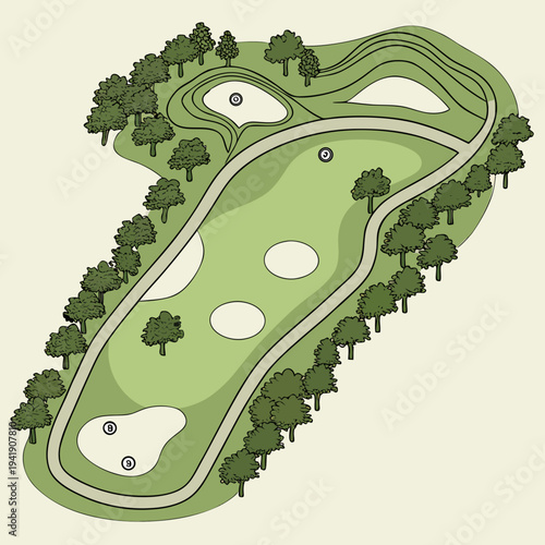 An illustrative overview of a detailed golf course with multiple holes, sand traps, trees, and a winding path
