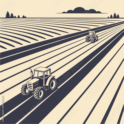 Two tractors cultivate a vast, striped farm field under a cloudy sky in a stylized vintage illustration