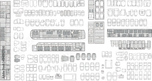 A blurry black and white image of a technical drawing or blueprint isolated on transparent background