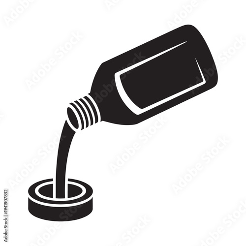 Black silhouette of a bottle pouring liquid into a circular container