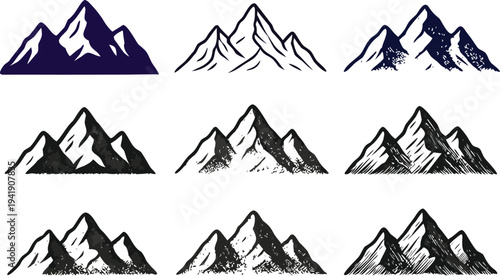 Collection of stylized mountain range illustrations in various artistic styles and colors