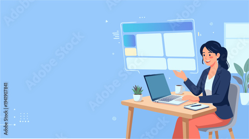 Freelancer woman working on laptop at home office remote work illustration