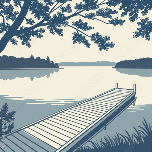 A wooden dock juts out into a calm lake with tree silhouettes and muted colors in a peaceful illustration
