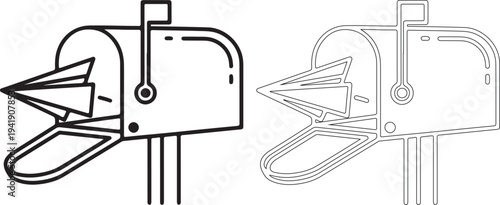 Black and white illustration of a mailbox with flag up and blueprint