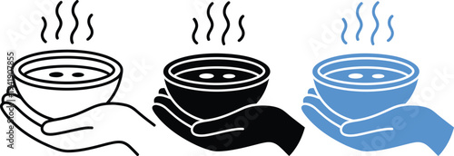 Three bowls of hot soup held by different colored mittens